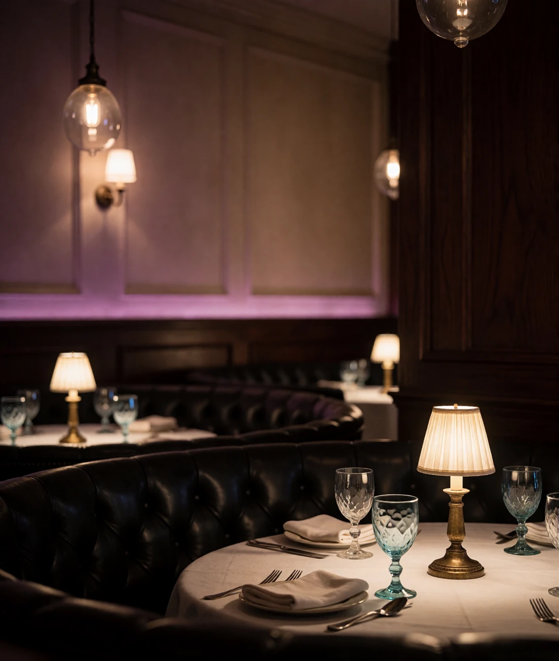 Upscale Texan steakhouse dining room at night with candlelit tables and leather banquettes