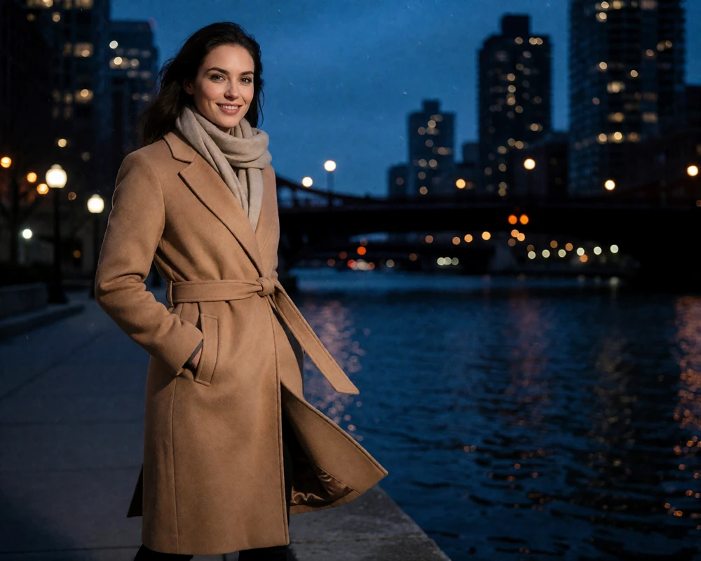 Woman in a belted camel coat standing on a downtown riverwalk at dusk with city lights in the background