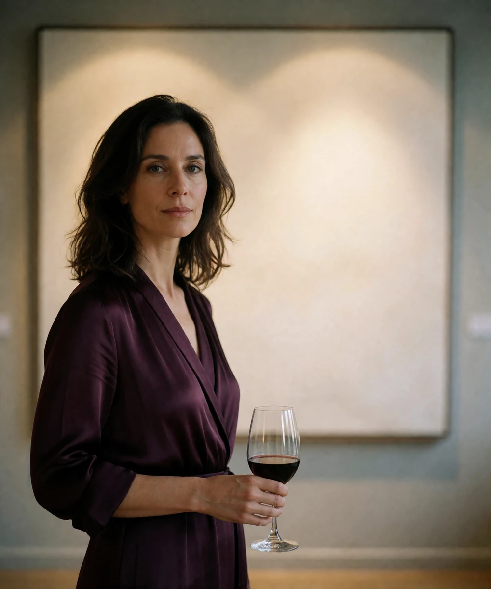 Confident woman in her early forties in a plum silk dress standing in a quiet private art gallery