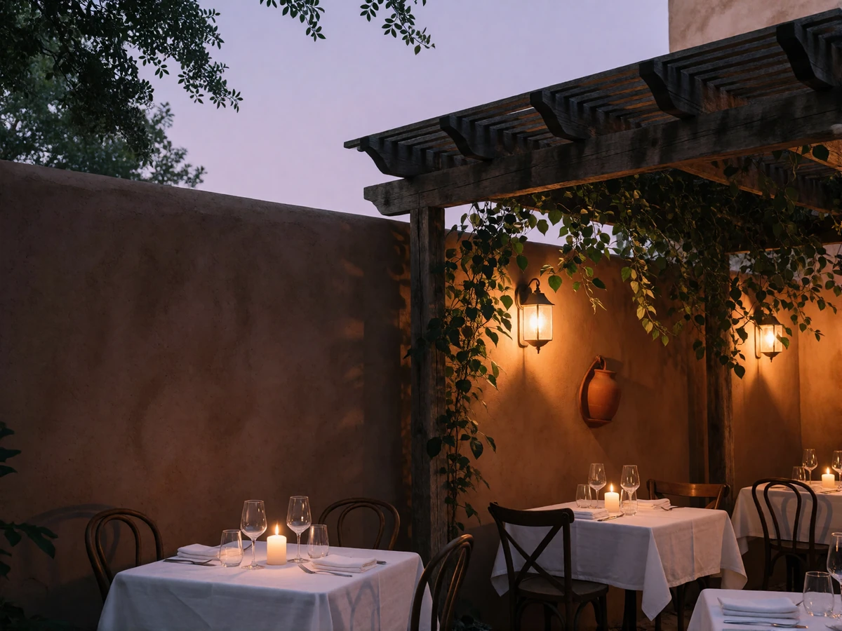 Open-air San Antonio courtyard restaurant set for evening dining with candlelight under a pergola