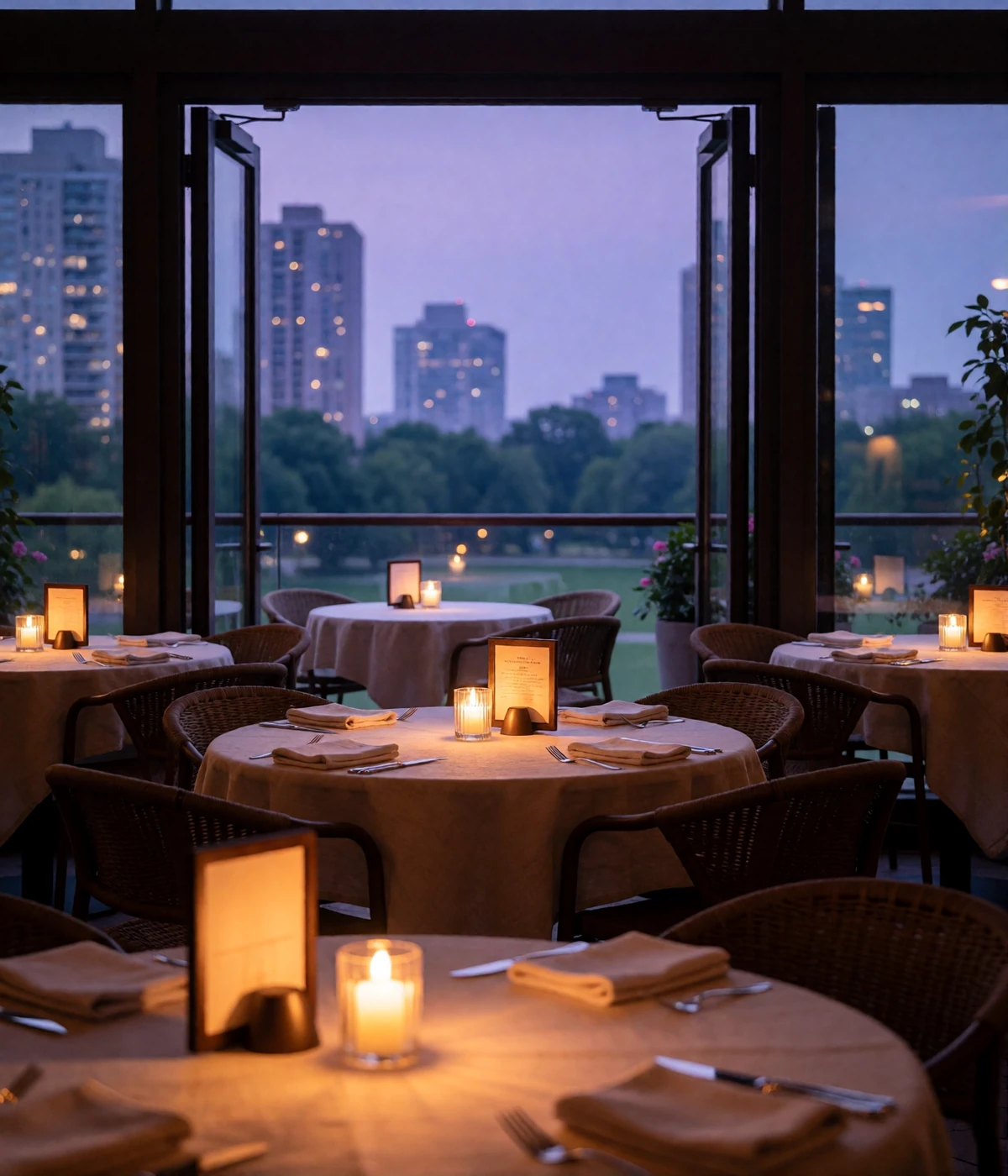 Candlelit upscale restaurant terrace at dusk overlooking a Midwestern city skyline in Columbus
