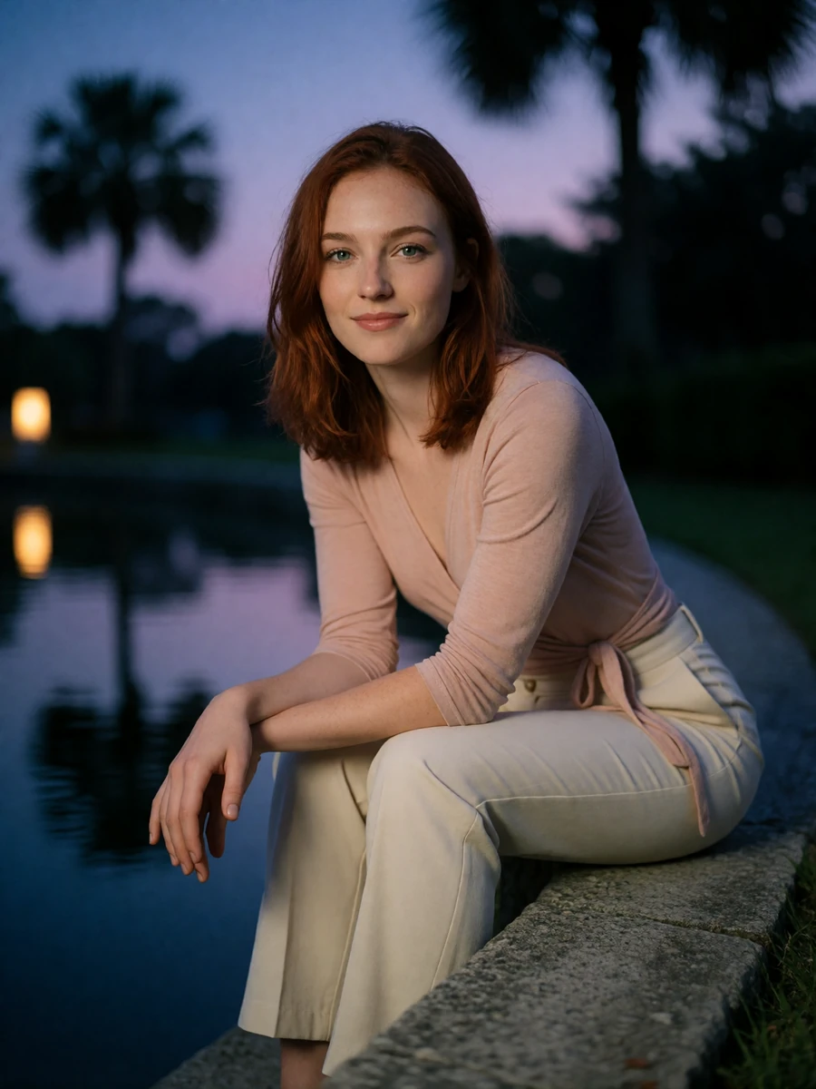 Woman with auburn hair sitting on a stone ledge near a Central Florida lakeside park at dusk