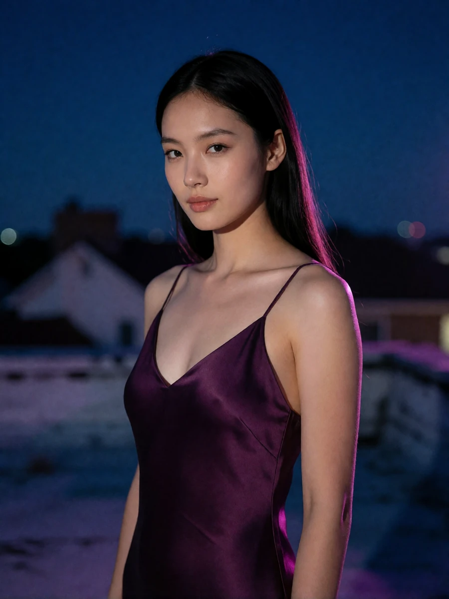 Woman in a plum satin slip dress on a rooftop terrace at blue hour with the San Antonio skyline behind her