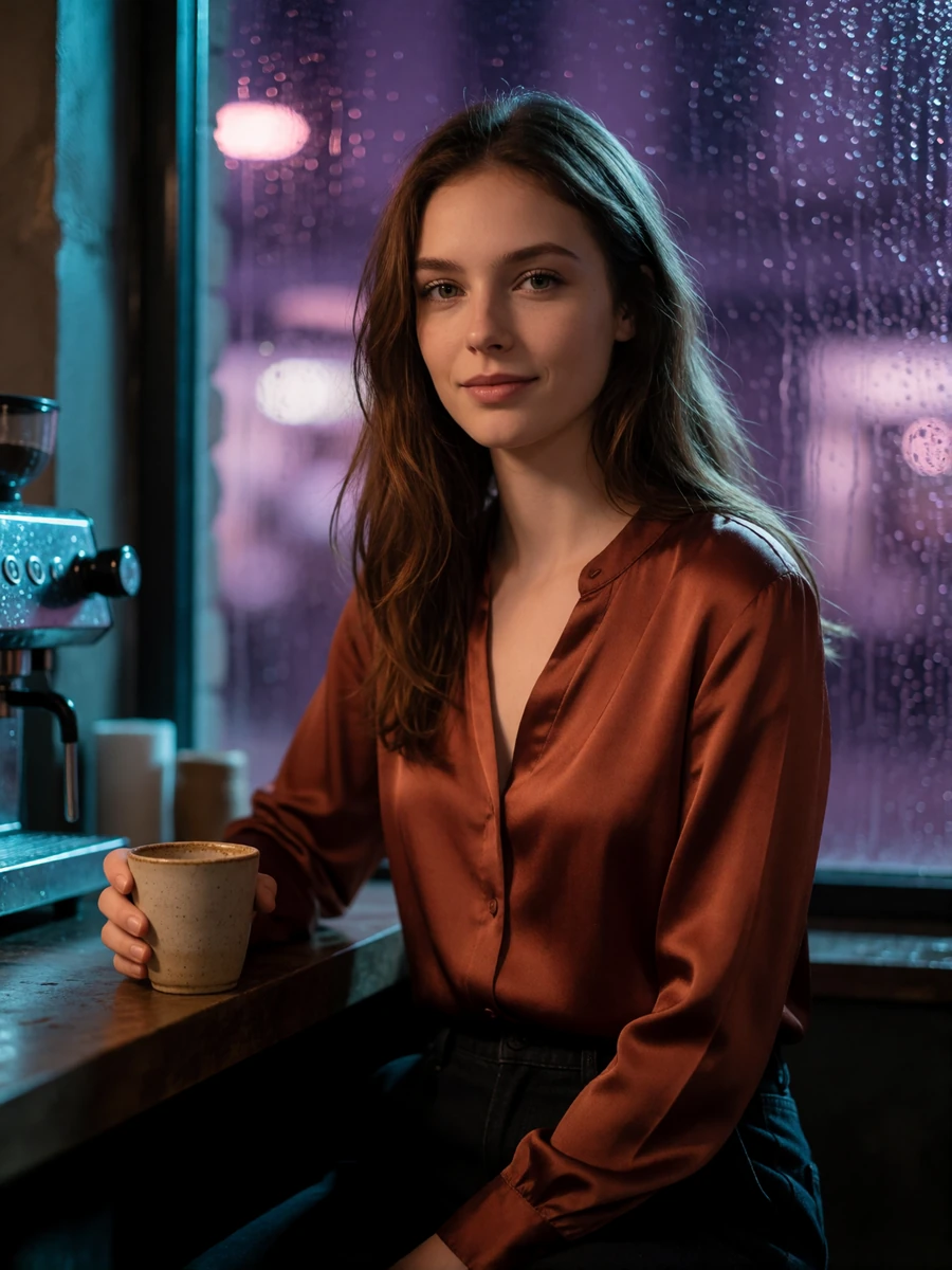 Woman with chestnut hair sitting at a window counter in a dim Portland specialty coffee bar holding a ceramic cup