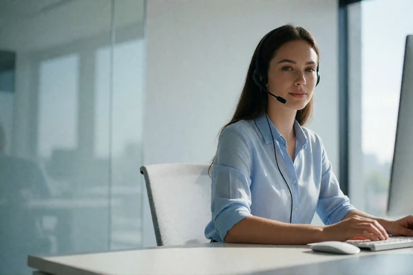 Woman with a slim headset at a clean desk offering attentive customer support