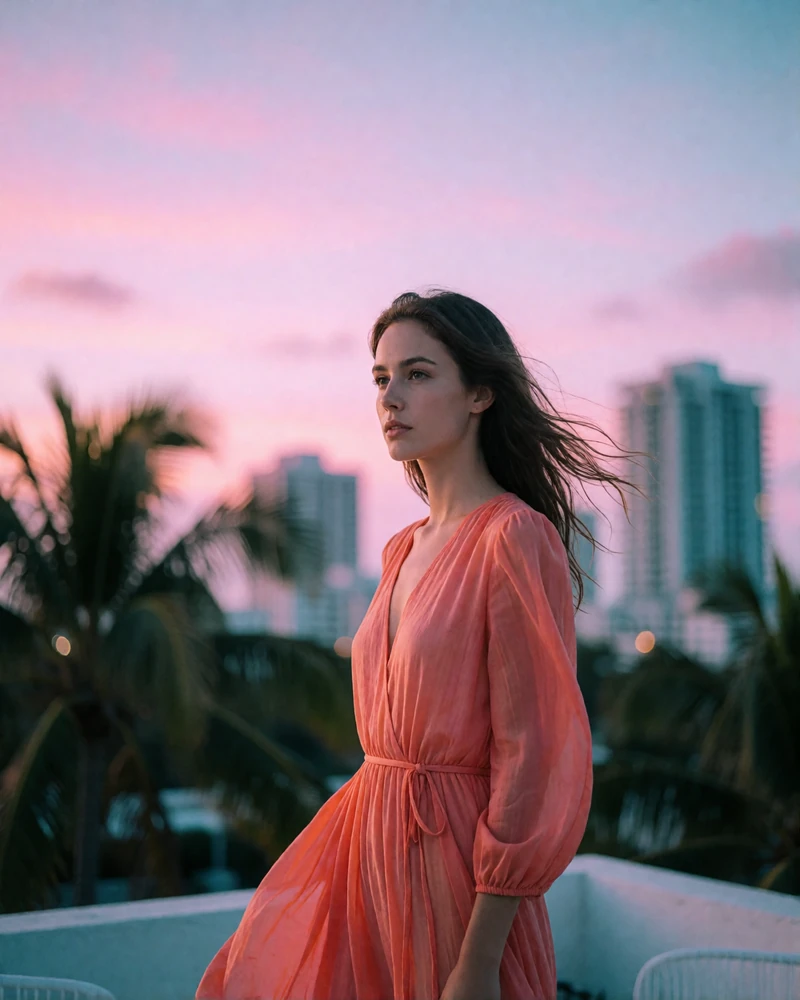 Woman in a coral dress on a Miami rooftop terrace at dusk with pastel high-rise silhouettes behind her