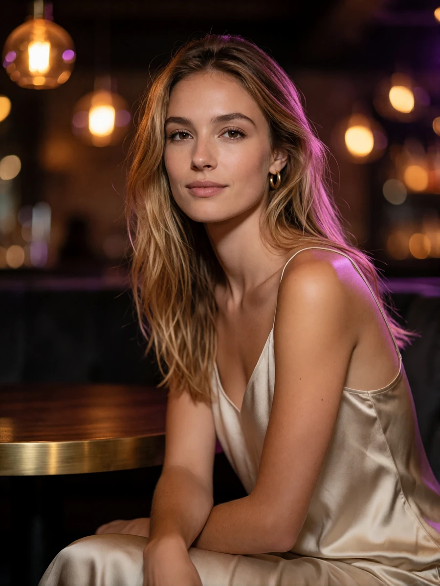 Woman in a champagne silk dress smiling at a low table in an upscale Uptown Dallas cocktail lounge