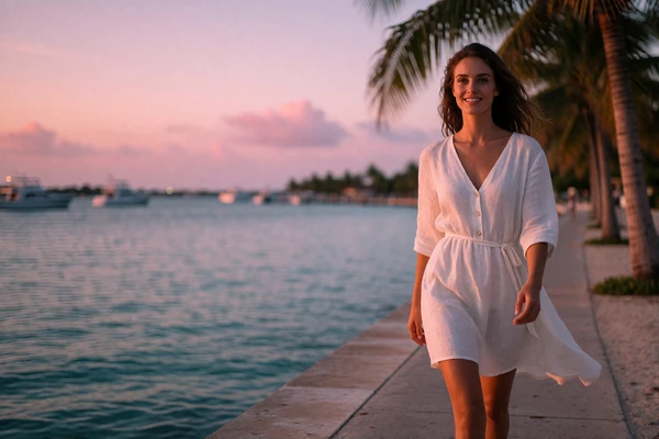 Woman in a white linen dress walking along a palm-lined Miami waterfront at sunset