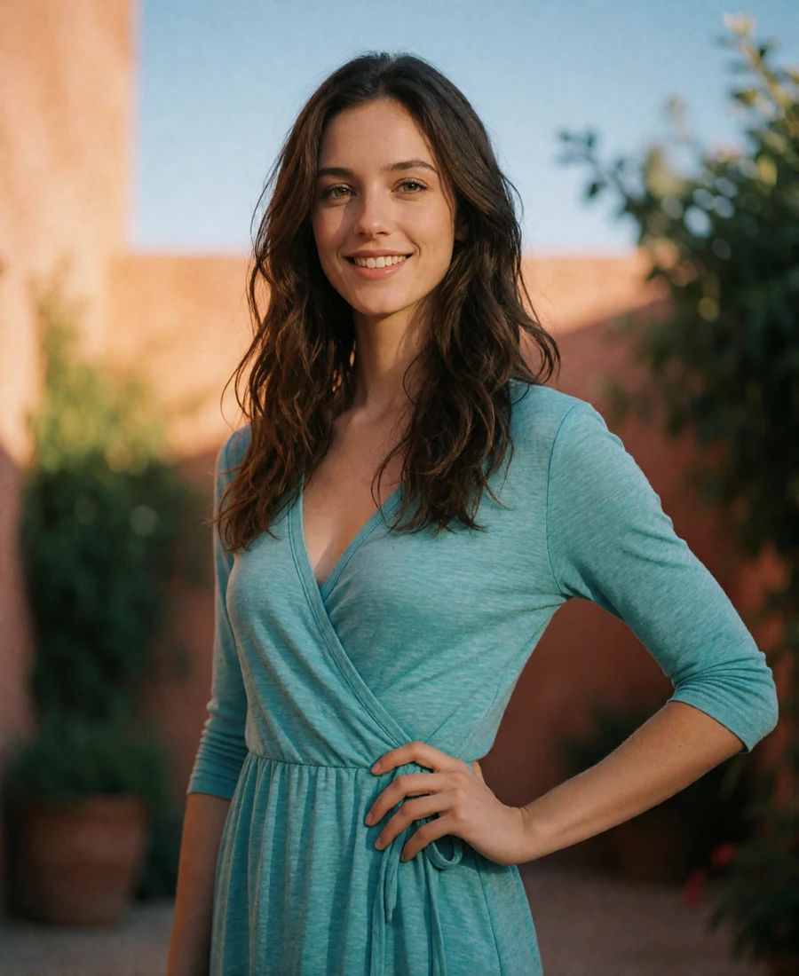 Woman in a turquoise wrap dress smiling in a sunlit terracotta courtyard in San Antonio