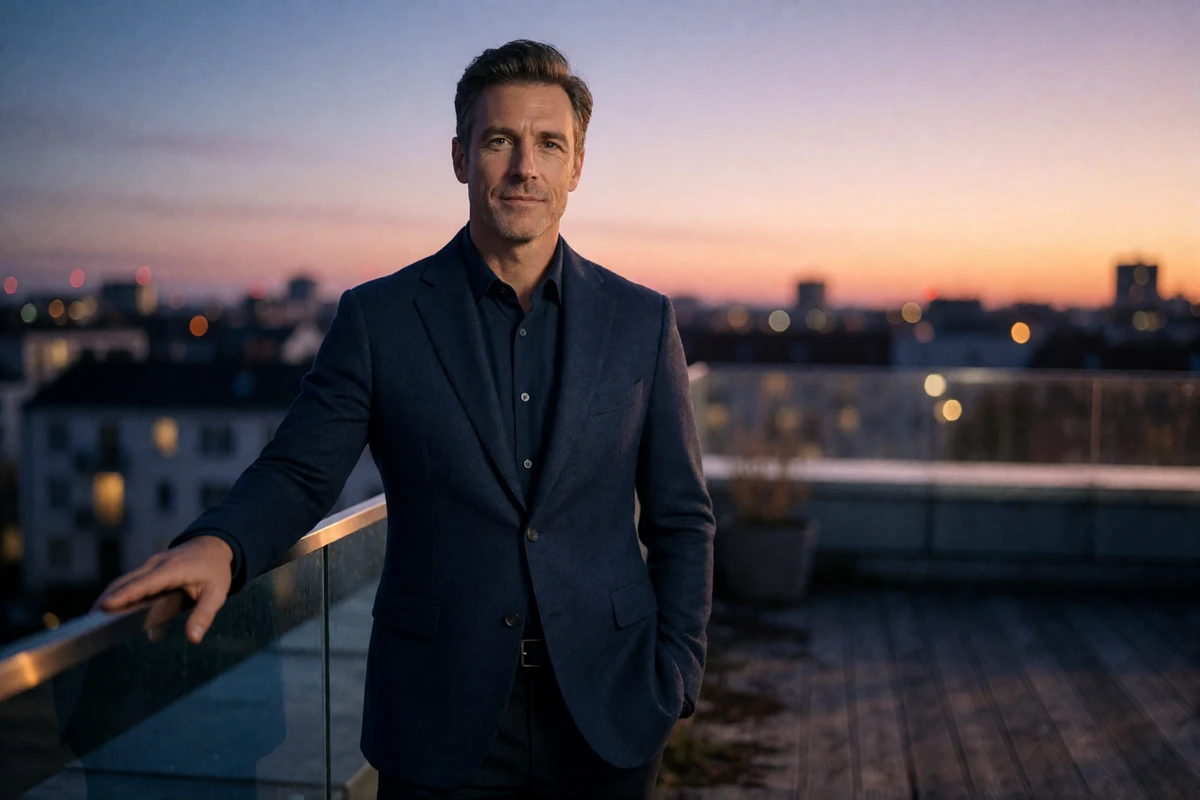 Man in a navy blazer standing on a rooftop terrace at dusk with a blurred city skyline behind him