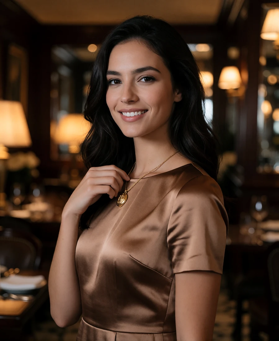 Woman with long dark waves smiling in an upscale Houston restaurant interior with warm lamplight