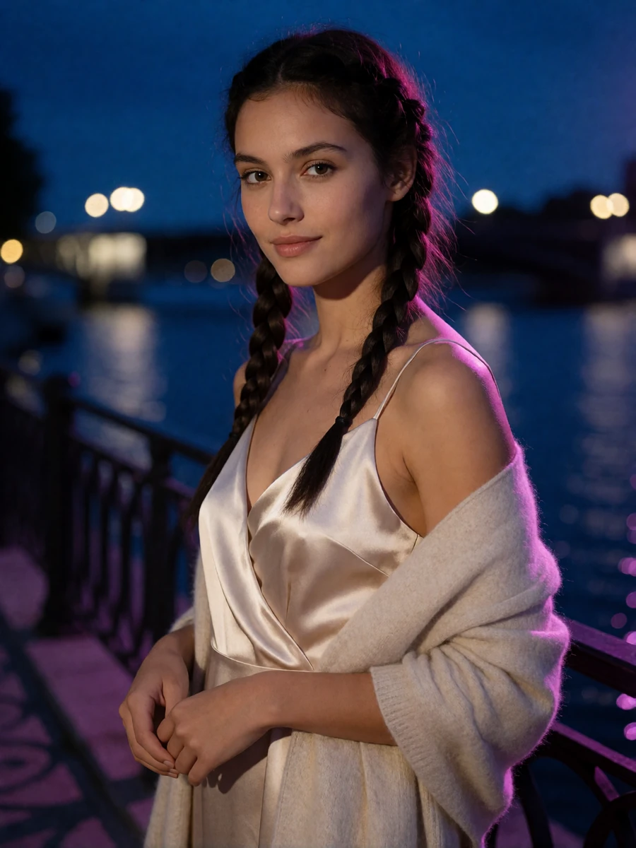 Woman with dark braided hair in a champagne satin dress on a riverside terrace in Nashville at dusk