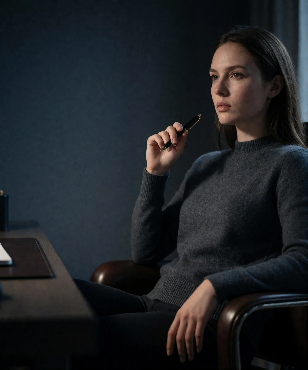 Woman in a dark grey knit sitting sideways in a leather desk chair reviewing notes in a dim study