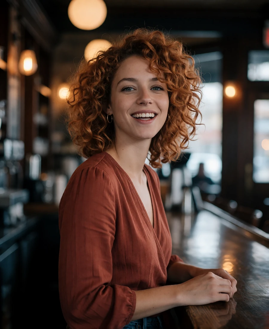Woman with copper curls laughing at the counter of an upscale Seattle coffee bar