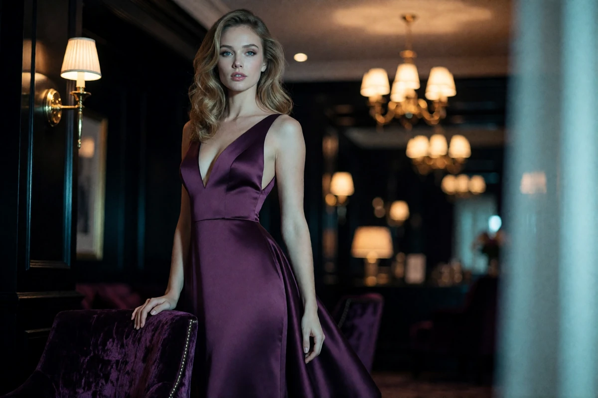 Woman with softly waved blonde hair in a deep plum satin gown standing in a dim luxury hotel lounge near the Las Vegas Strip
