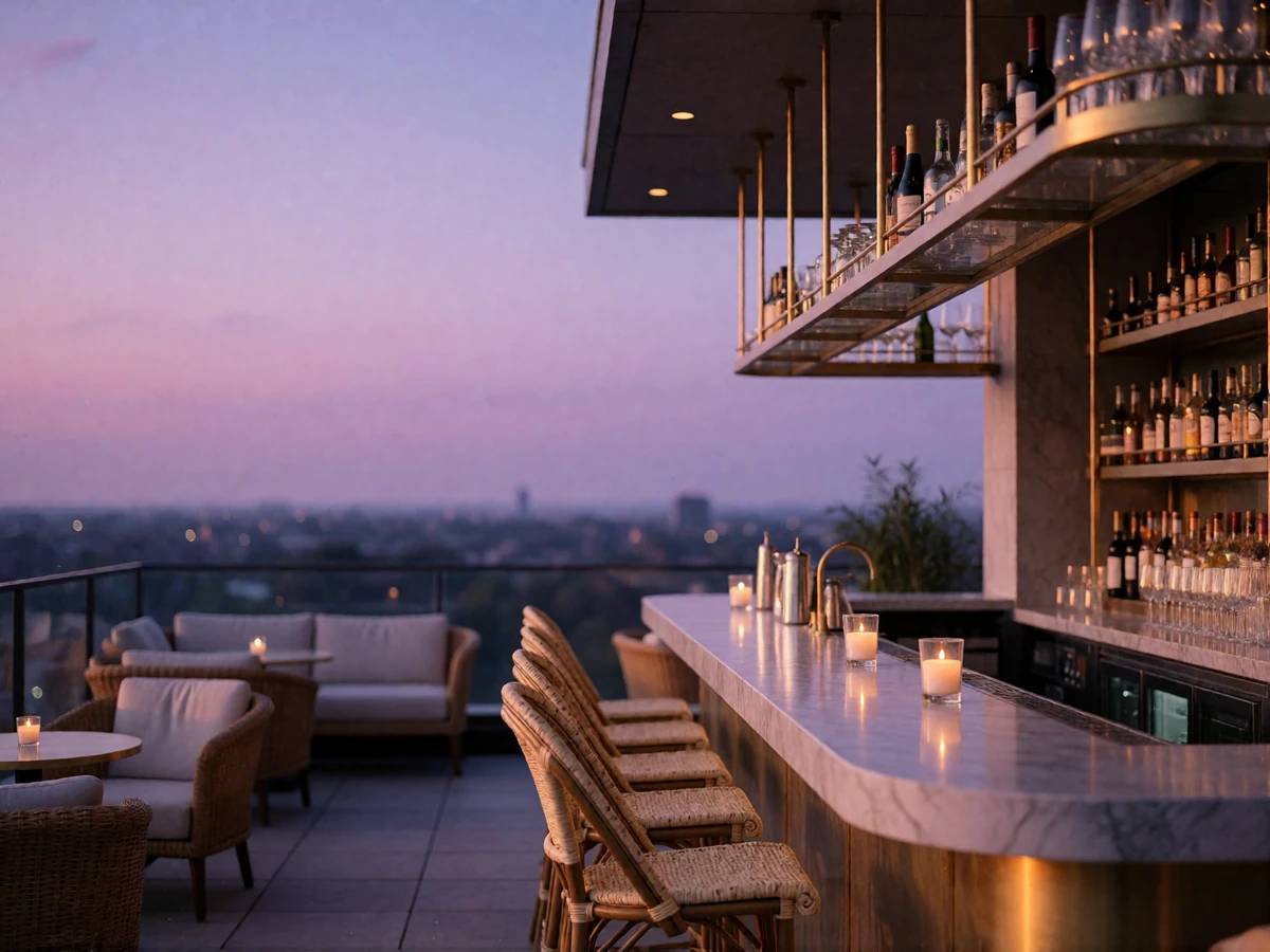 Empty rooftop bar terrace in Atlanta at dusk with marble counter, candles and a softly blurred skyline beyond