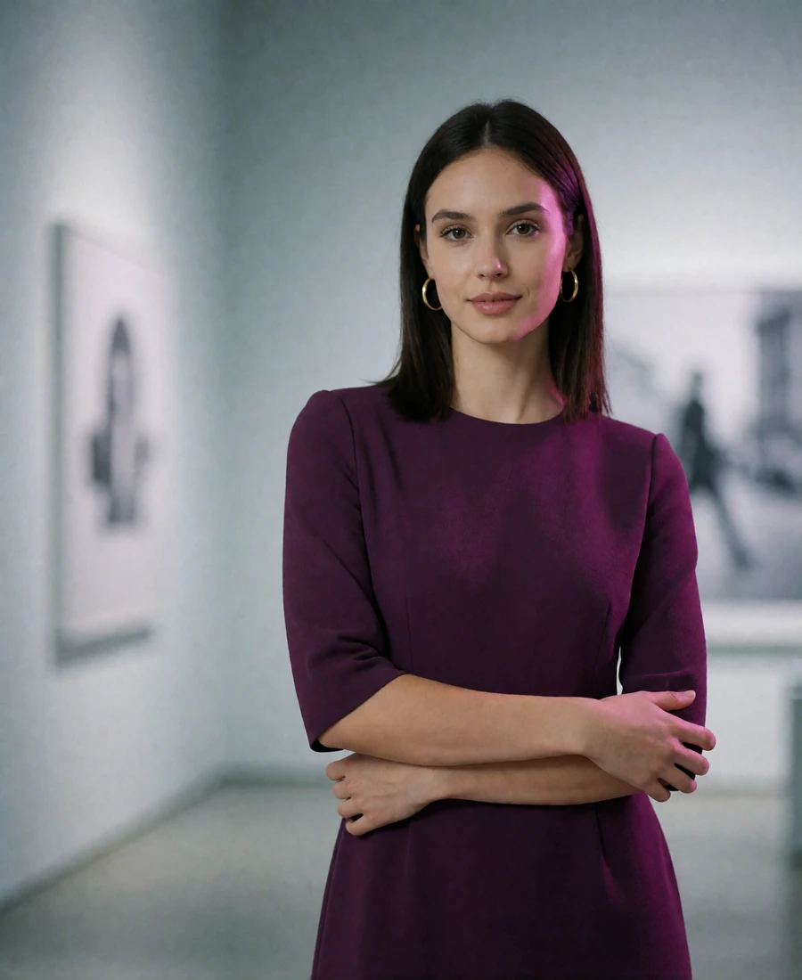 Woman in a plum midi dress inside a contemporary art gallery in Atlanta
