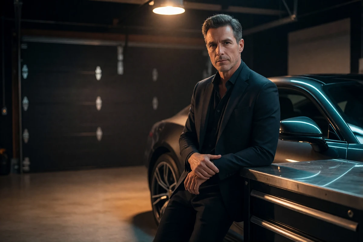 Man leaning against a workbench beside a polished dark sports car in a dim private garage