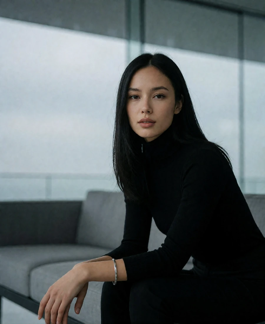 Woman with straight black hair sitting in a minimalist glass-walled Seattle lounge