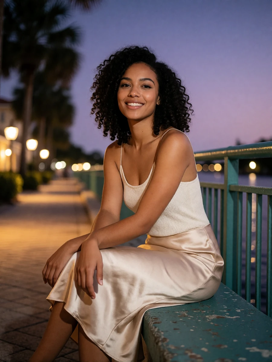 Woman in a champagne slip skirt sitting on a bench along the Tampa Riverwalk at early evening