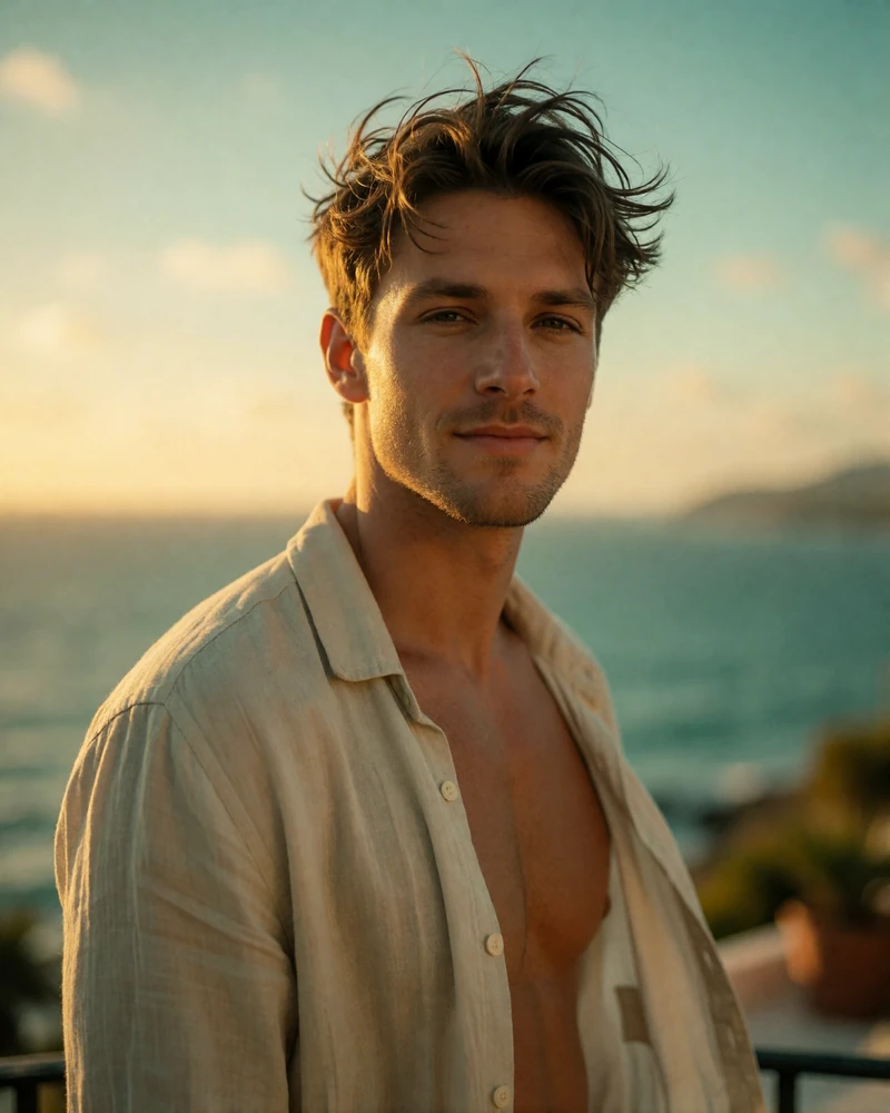 Man in his late twenties in a light open shirt standing on a coastal terrace at golden hour