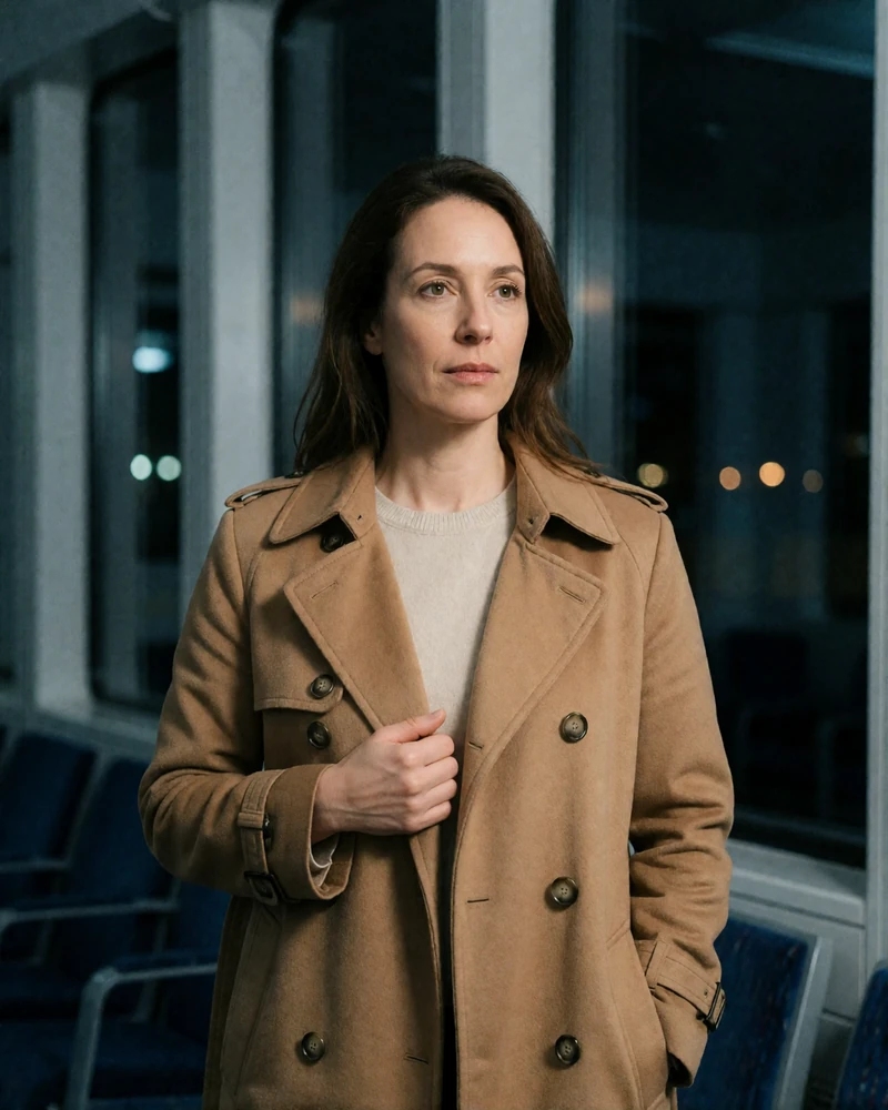Woman in her early forties in a camel trench coat standing in a quiet first-class lounge at night