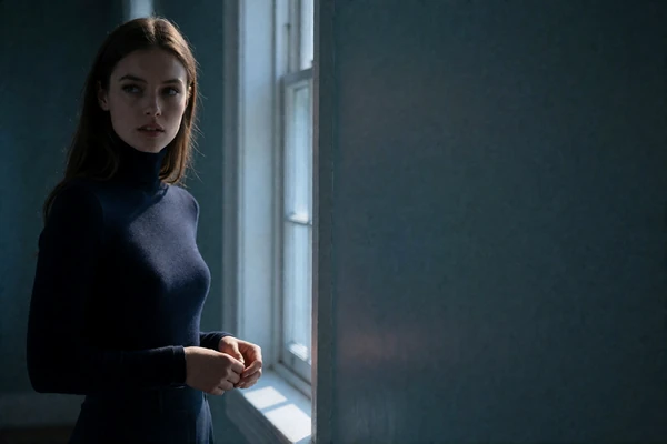 Woman in a dark turtleneck standing alert near a shadowed hallway window