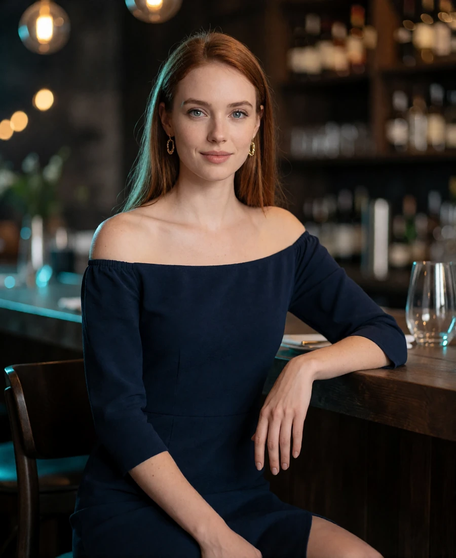 Woman in a navy off-shoulder dress at a modern restaurant bar table with warm ambient lighting
