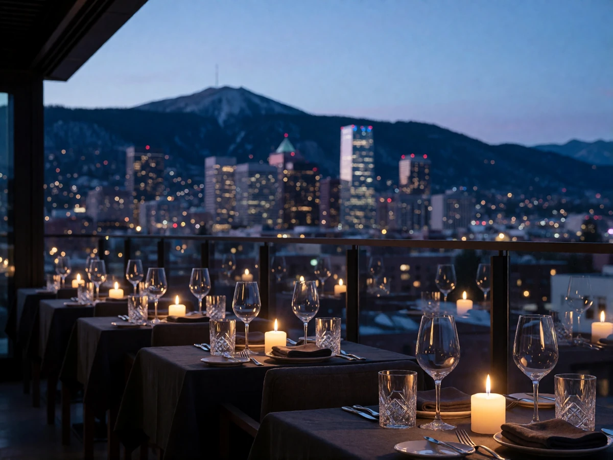 Candlelit rooftop restaurant terrace in Denver with the mountain-backed skyline glowing at dusk