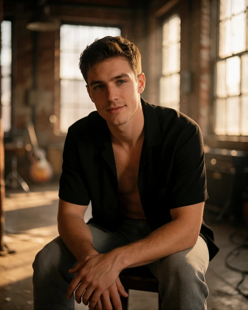 Man in his mid twenties in a black shirt sitting in a loft with tall windows