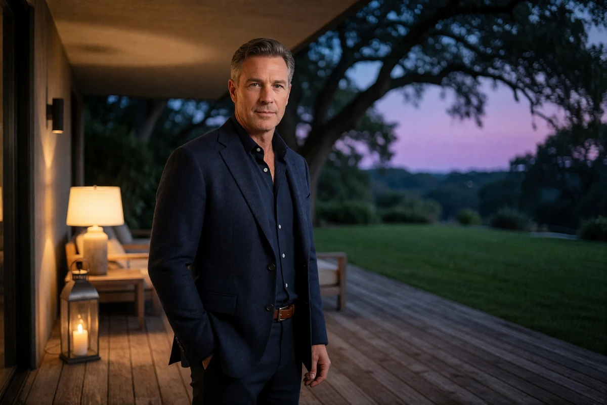 Man in a navy blazer on the covered terrace of a modern River Oaks residence at dusk