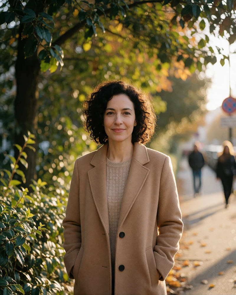 Woman in her early forties with dark curly hair in a soft camel coat walking a tree-lined city path in late afternoon light