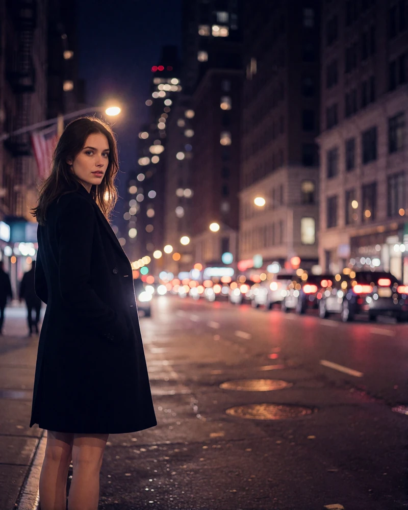 Woman in a tailored black coat on a Manhattan street at night with blurred traffic light bokeh behind her