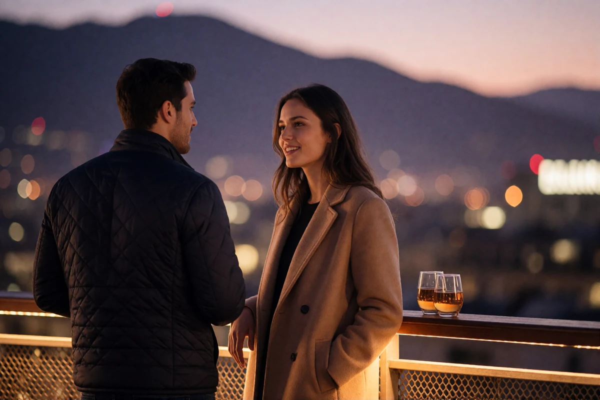 Woman in a camel coat and a man in a dark jacket talking at a rooftop railing above Denver at dusk