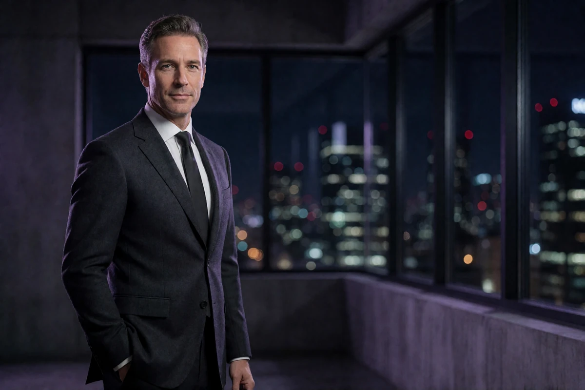 Man in a charcoal suit standing in a dark modern office lounge overlooking city lights at night