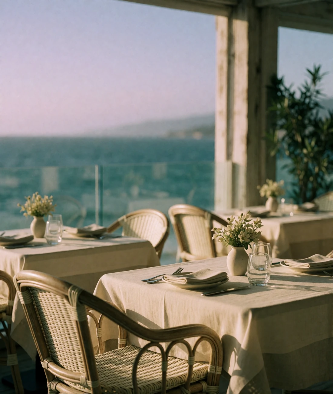 Upscale coastal restaurant terrace with set tables and a hazy ocean horizon in late afternoon light