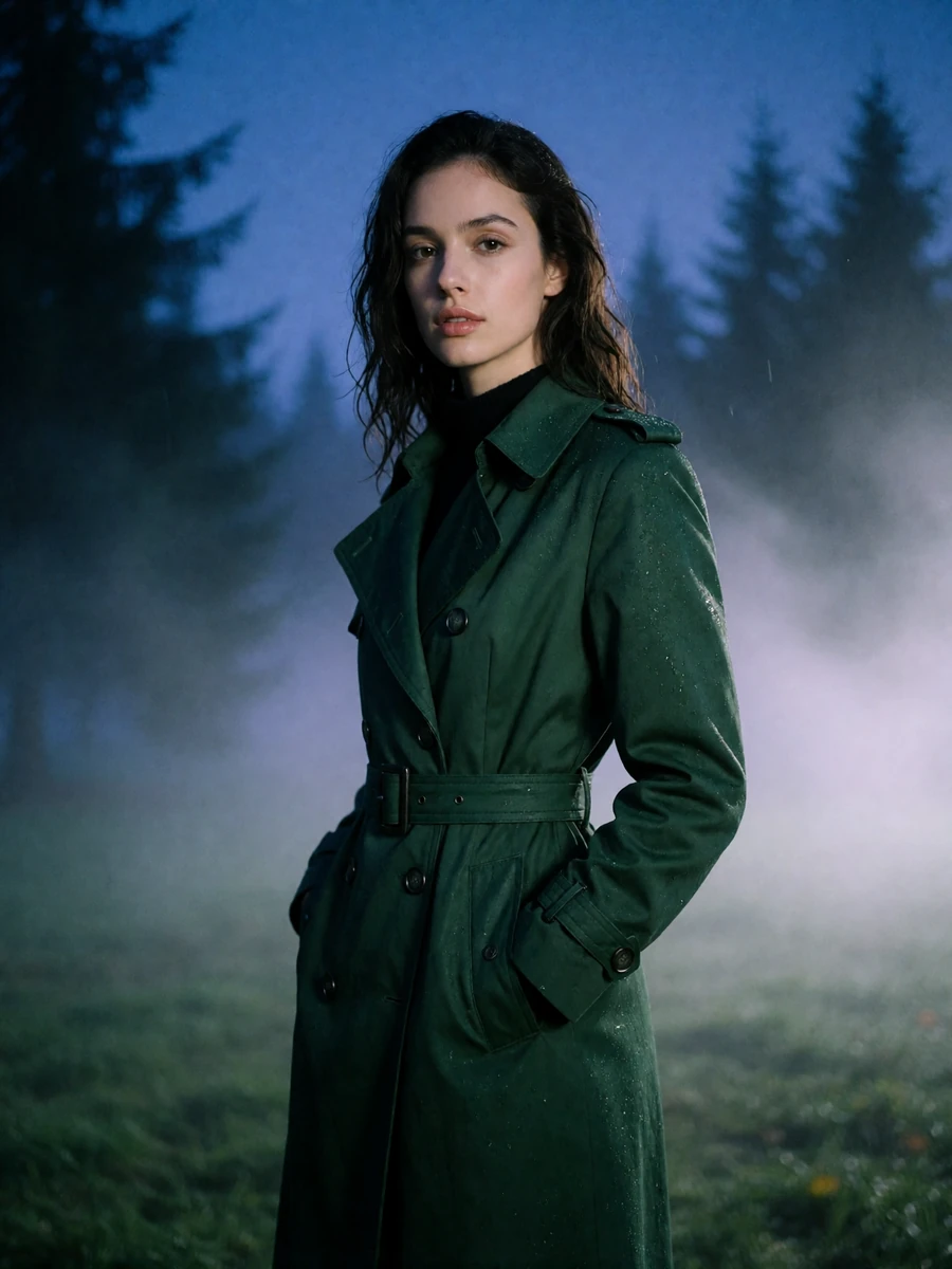 Woman in a forest-green trench coat standing at the misty edge of an evergreen park near Portland at dusk