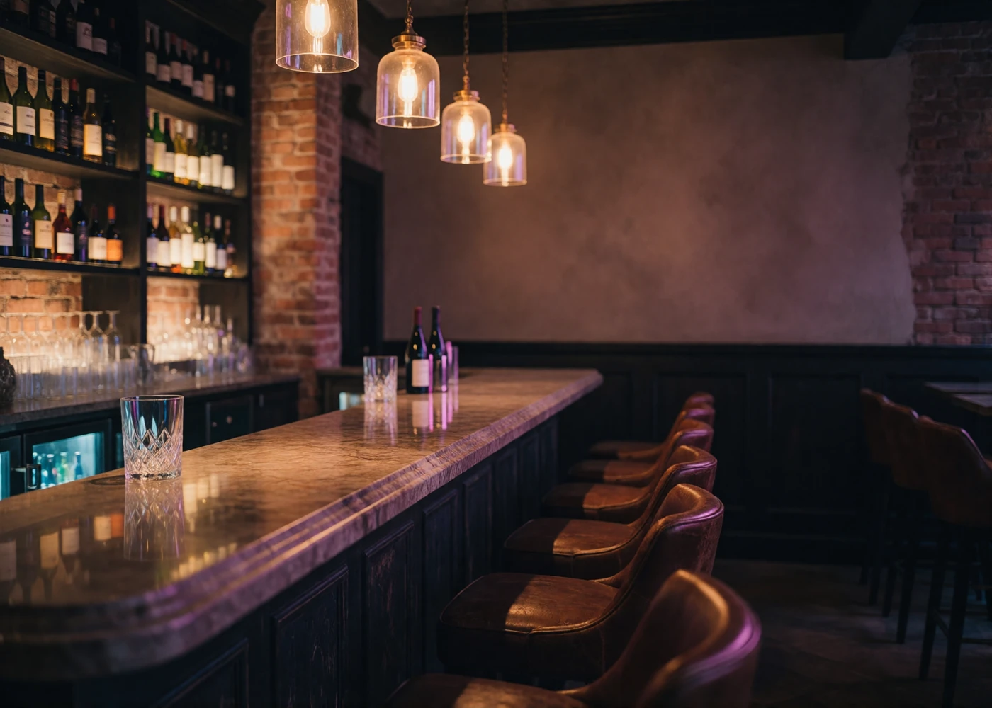 Empty upscale Boston wine bar with marble counter, exposed brick and warm amber pendant lighting at dusk