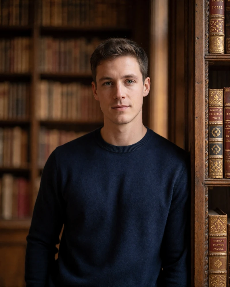 Man in his mid twenties in a navy sweater standing in a warm library reading room