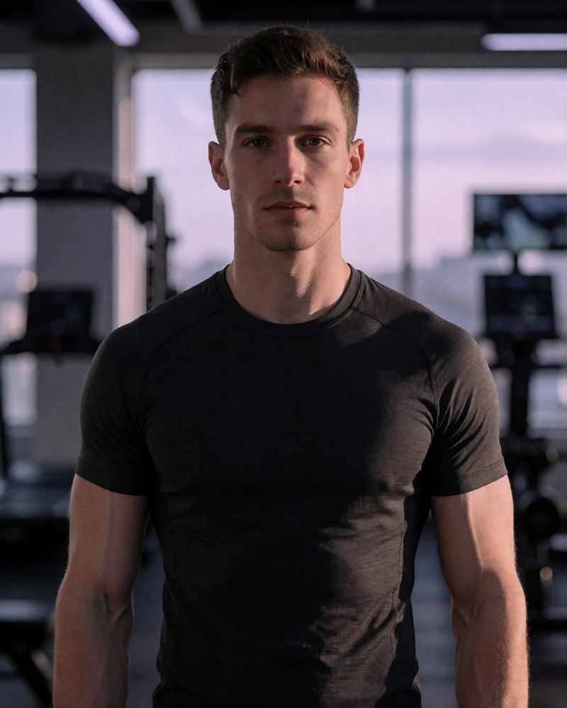 Man in his late twenties in a fitted athletic top standing in a modern gym at dusk