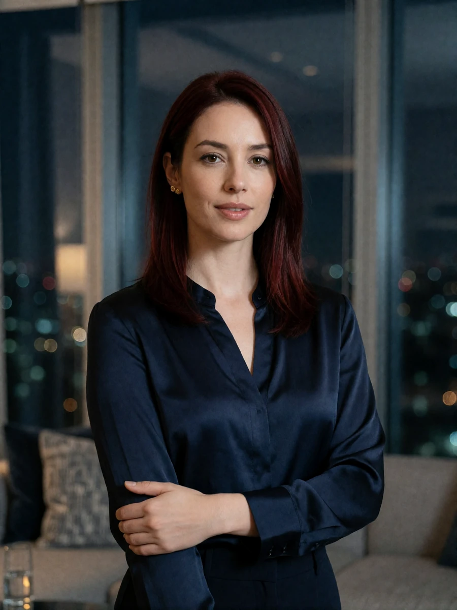 Woman in a navy silk blouse standing in a modern hotel lounge with a dark city skyline visible through the glass behind her