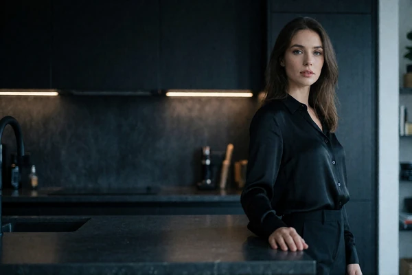 Woman in a black silk blouse assessing something with an unhurried, discerning look beside a dark kitchen island