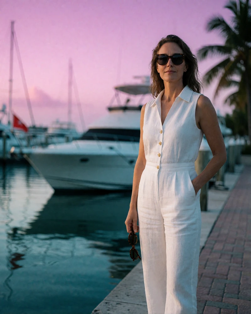 Woman in a white linen jumpsuit standing on a Miami marina walkway at dusk