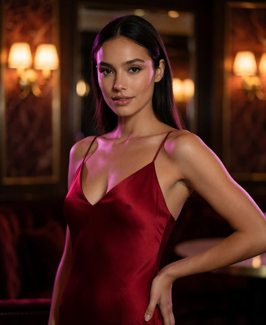 Woman in a deep-red satin slip dress standing in a blurred upscale Atlanta cocktail lounge