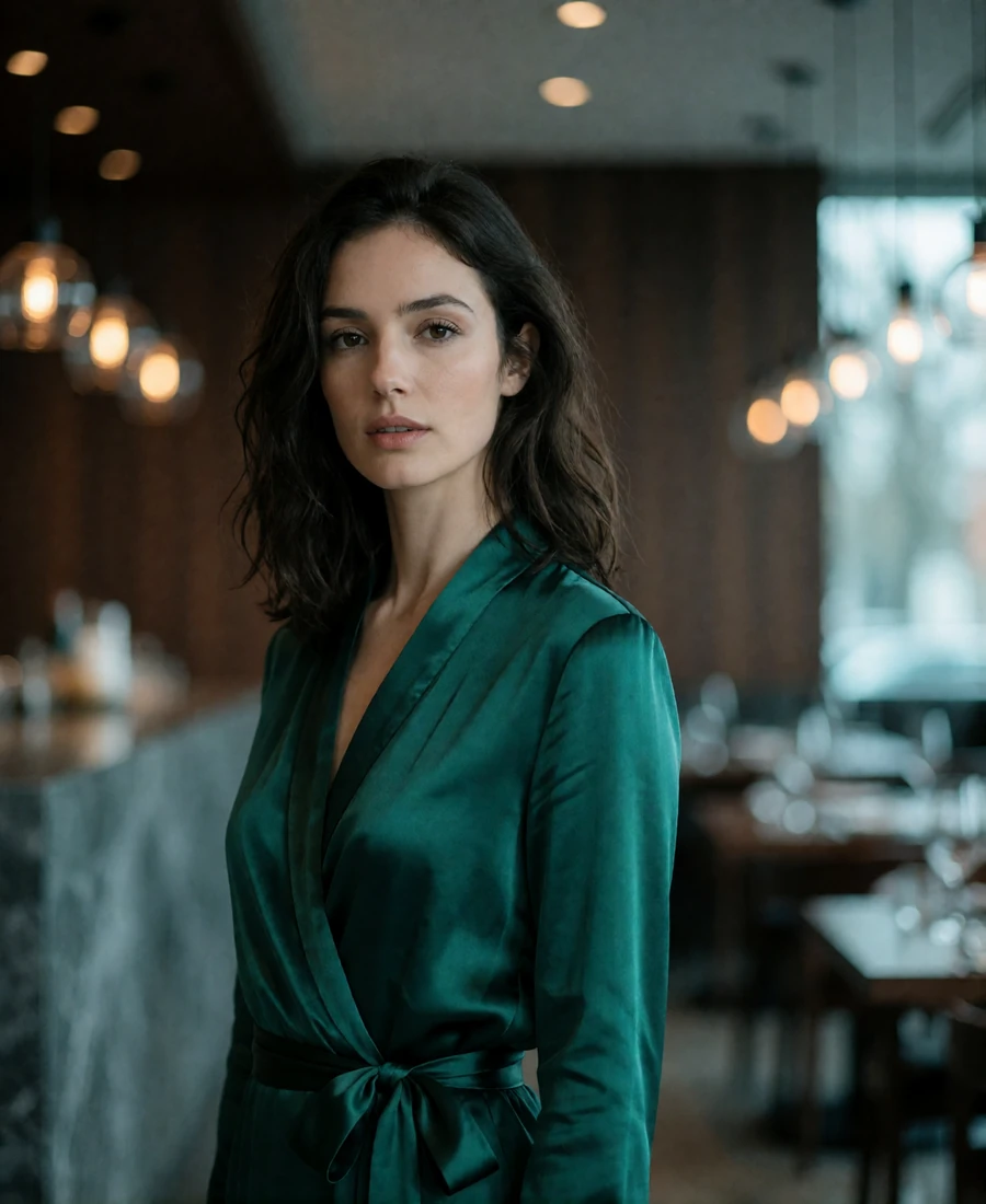 Woman in an emerald silk wrap dress standing in a softly lit modern Chicago restaurant interior