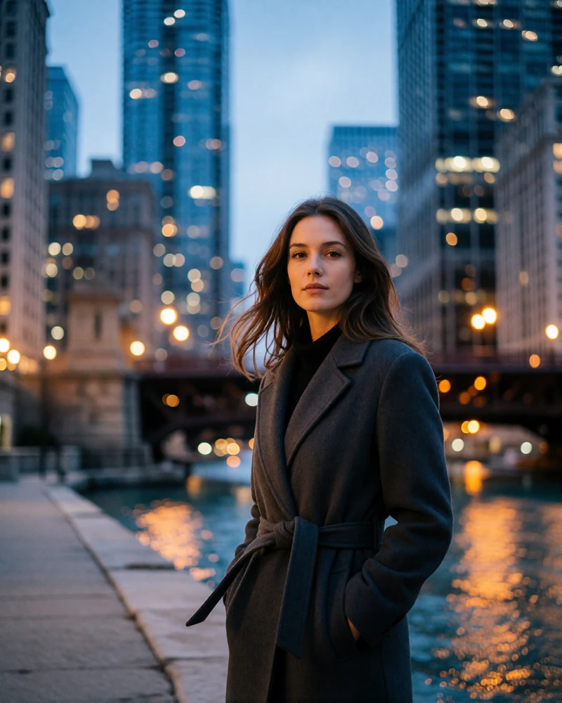 Woman in a belted wool coat standing on a riverside walkway in Chicago at blue hour with towers blurred behind her
