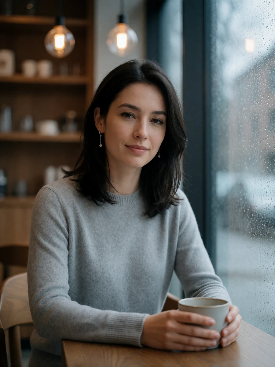 Woman in a dove-grey knit sweater seated at a small table in an upscale Seattle café, hands around a ceramic cup