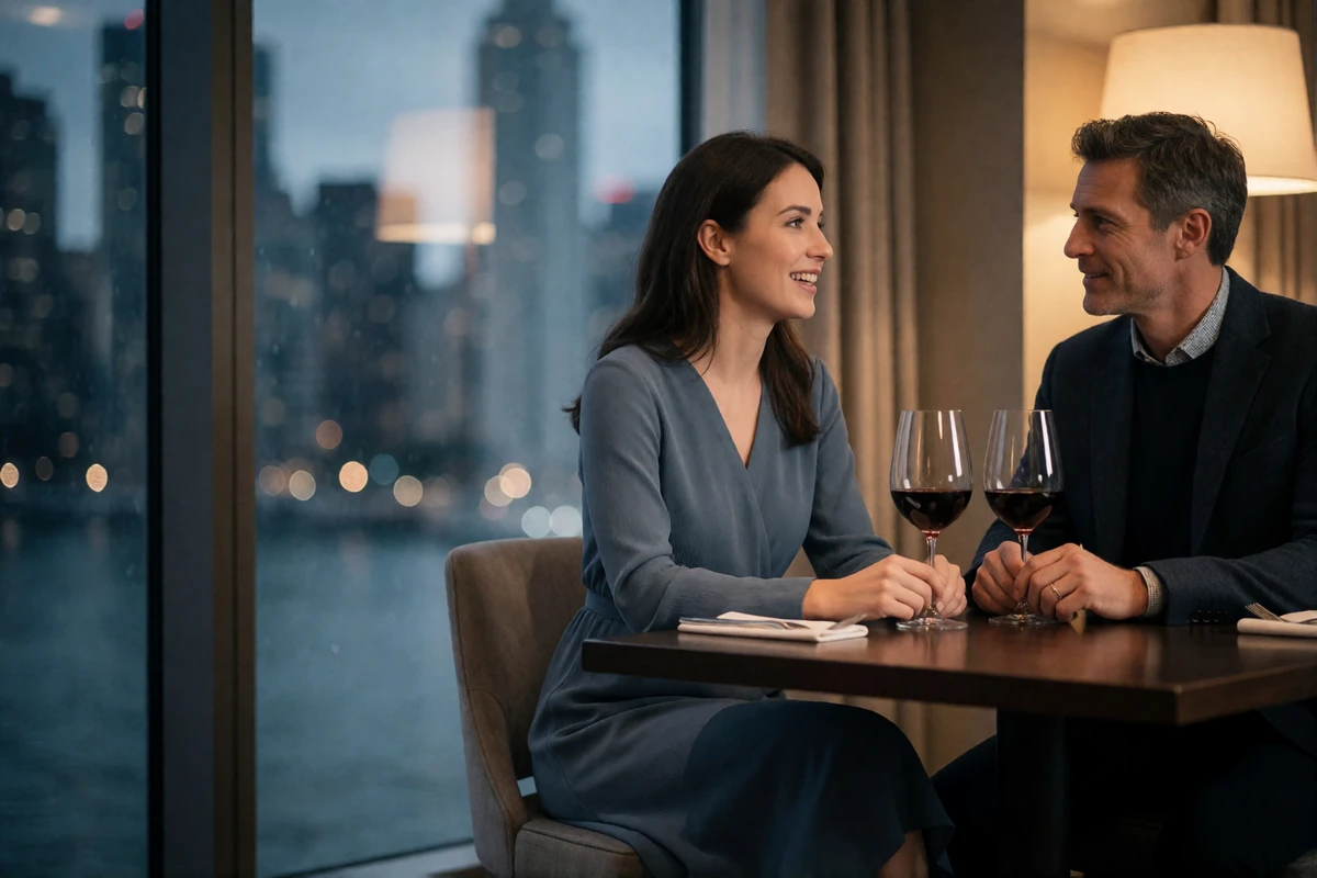 Couple at a window table in a high-floor Seattle restaurant with a lit city skyline visible through the glass
