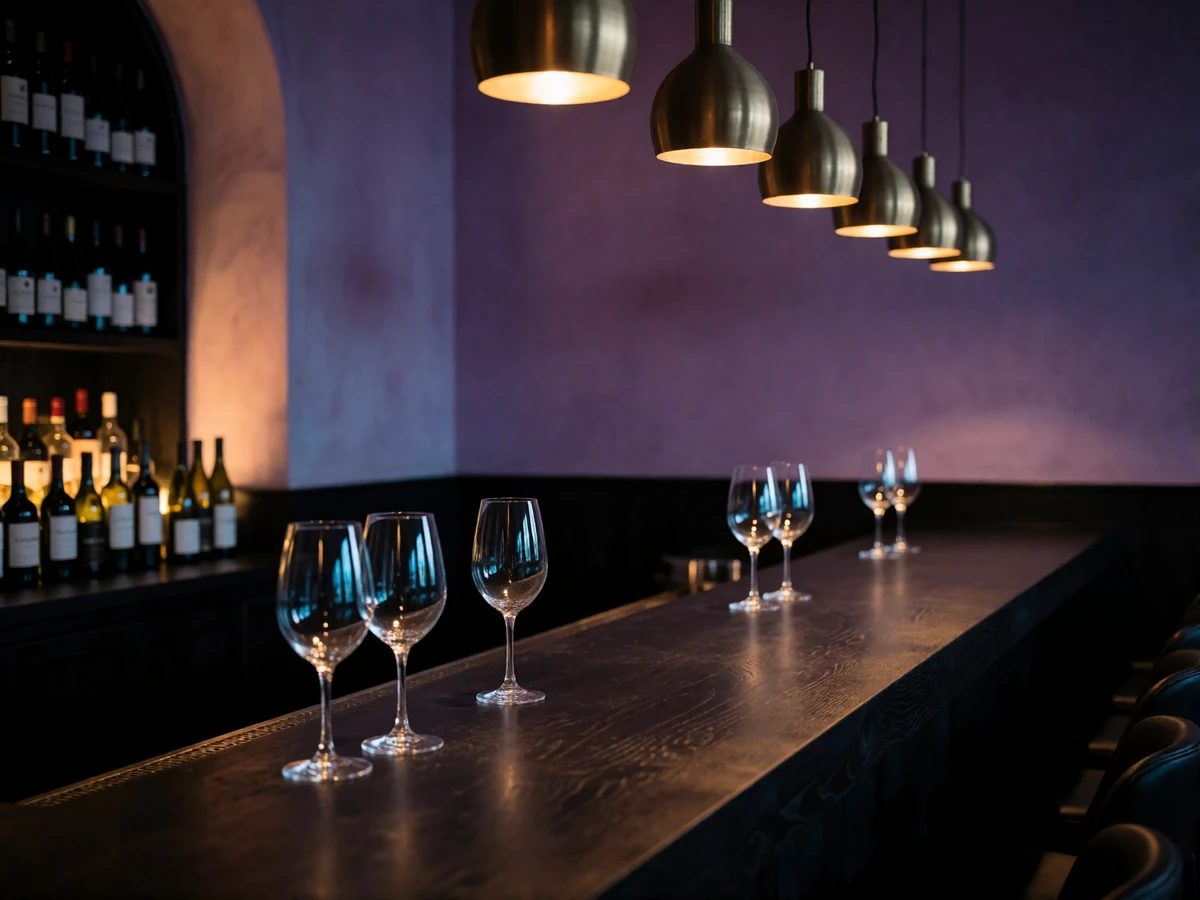 Empty upscale wine bar interior at night with a long timber counter and warm pendant lighting in Portland