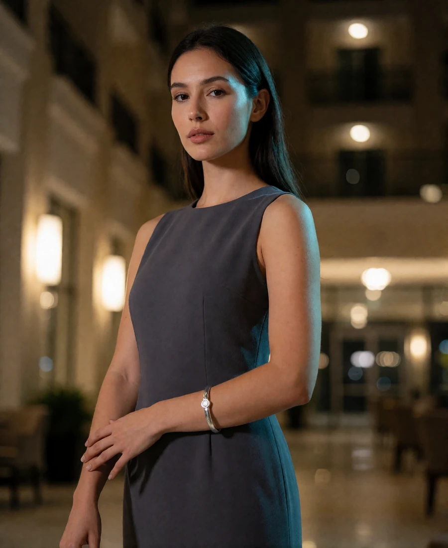 Woman in a charcoal sheath dress standing in a warmly lit hotel atrium at night